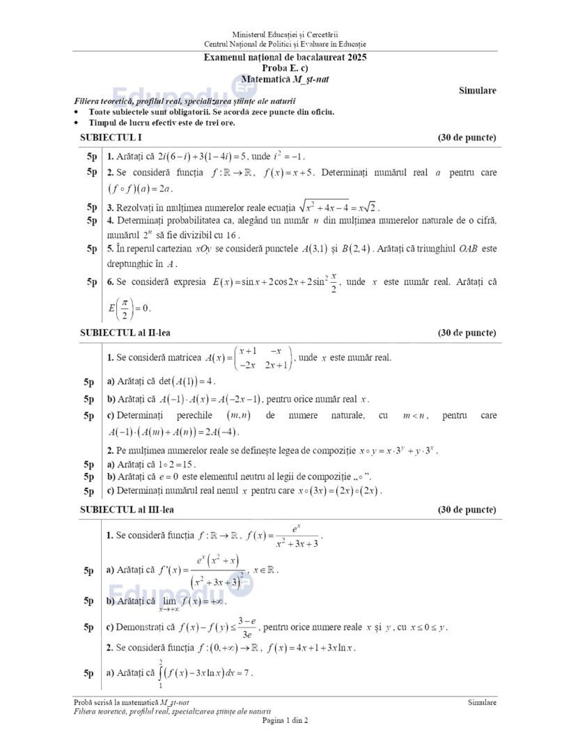 Subiecte Matematică. Simulare Bacalaureat 2025 | Oficiul de Știri Subiecte Matematică. Simulare Bacalaureat 2025 | Oficiul de Știri