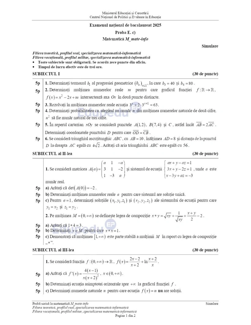 Subiecte Matematică. Simulare Bacalaureat 2025 | Oficiul de Știri Subiecte Matematică. Simulare Bacalaureat 2025 | Oficiul de Știri