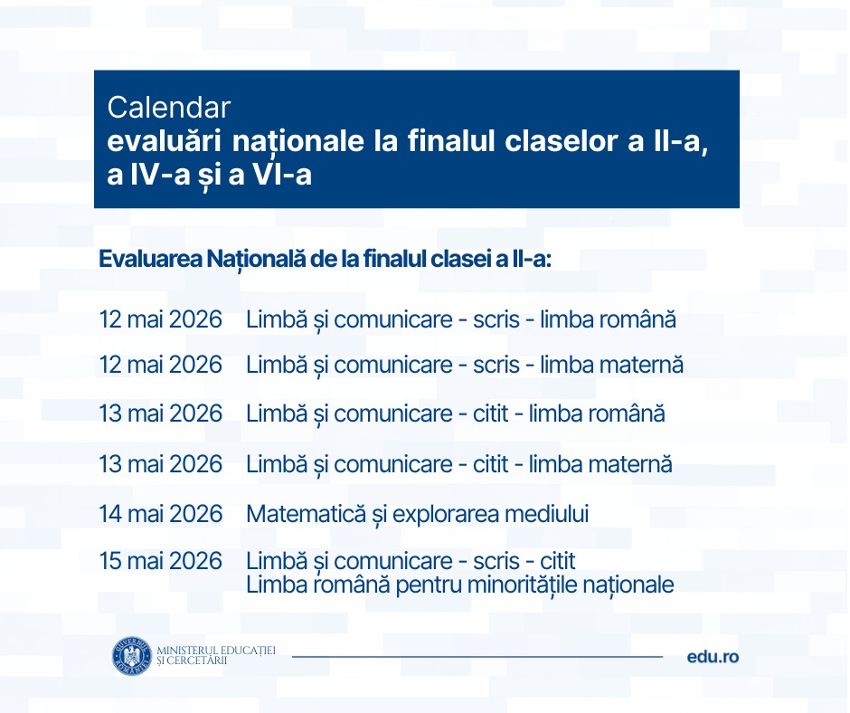 Evaluările naționale 2025- 2026: de la teorie la viața reală Calendarul de administrare a evaluărilor naționale de la finalul claselor a II-a, a IV-a și a VI-a în anul școlar 2025 - 2026